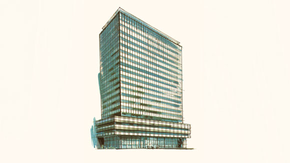 The view of the Head Office building from Martin Place, Macquarie Street side elevation.