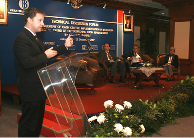 Photograph: Note Issue Department's Terence Turton (standing) represented the Reserve Bank at a discussion forum in Jakarta hosted by Bank Indonesia on the topic of cash centre implementation and outsourcing cash management.