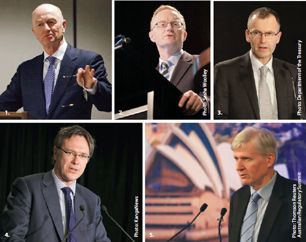 1. Governor Glenn Stevens addresses participants at the 2012 RBA/BIS Research Conference, August 2012 2. Deputy Governor Philip Lowe speaking at the Australian Business Economists Annual Dinner, December 2012 3. Assistant Governor (Economic) Christopher Kent addresses the Structural Change and the Rise of Asia Conference, September 2012 4. Assistant Governor (Financial Markets) Guy Debelle speaking at the KangaNews Summit, March 2013 5. Assistant Governor (Financial System) Malcolm Edey speaking at the Thomson Reuters Australian Regulatory Summit, May 2013