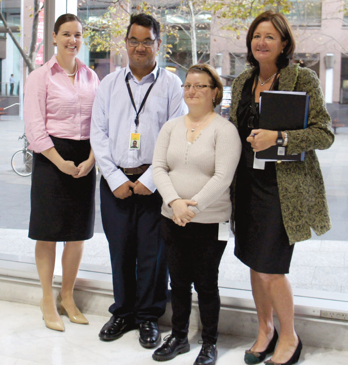 Myfwny Saboisky (far left), coordinator of the Bank's Jobsupport program, which placed Uziel Malifa and Daniela Balzarano (centre); Jobsupport's Deb Holloway (far right)