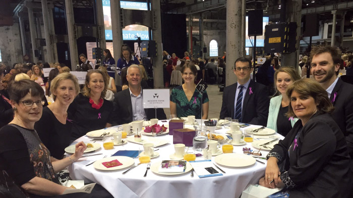 Around the table, from left, the Reserve Bank's Catherine Parr, Jennifer Royle, Sarah Hepburn, Bruce Harries, Laura Berger-Thomson, Adam Cagliarini, Marija Dumovic, Adam Gorajek and Michele Bullock at an International Women's Day breakfast function, March 2015