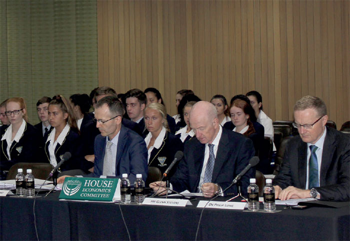 Assistant Governor (Economic) Christopher Kent (left), Governor Glenn Stevens (centre) and Deputy Governor Philip Lowe (right), at a regular hearing of the House of Representatives Standing Committee on Economics, February 2016