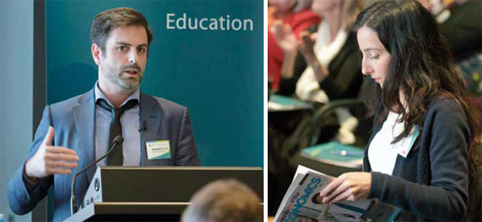 (Top) Economist Alexandra Brown presents to students; (above left) Senior Research Manager Giancarlo La Cava addresses teachers at the Bank's Teacher Immersion Event, Sydney, June 2018; (above right) a participant at the Bank's 2018 Teacher Immersion Event, Sydney, June 2018