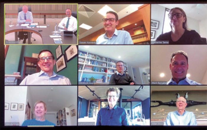 Reserve Bank Board meeting by videoconference in May 2020 (from left top row) Governor Philip Lowe and Anthony Dickman, Steven Kennedy, Catherine Tanna, (from left middle row) Ian Harper, Deputy Governor Guy Debelle, Mark Barnaba, (from left bottom row) Wendy Craik, Carol Schwartz, Allan Moss