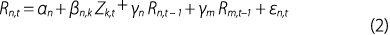 Equation 2: This equation depicts the regression of the price change on a constant term, the surprise index, a lagged price change, lagged price changes for other assets and an error term.