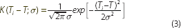 Equation 3: Intuitive description – The Gaussian kernel assigns weights to the individual bonds based on a normal probability distribution function centred at the target tenor with standard deviation given by the smoothing parameter, sigma. For an individual bond, for a given smoothing parameter, the weight is determined by the distance of the bond''s residual maturity from the target tenor. Literal description – K open parenthesis T subscript i minus T semicolon sigma equals 1 divided by the square root of 2 multiplied by Pi close square root multiplied by sigma, multiplied by the exponential of open square bracket negative open parenthesis T subscript i minus T close parenthesis squared, divided by 2 sigma squared close square bracket.