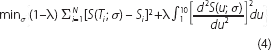 Equation 4: Intuitive description – The optimal smoothing parameter, sigma, is the value that minimises an objective function defined by the sum of two terms. The first term is the sum of the squared residuals for a given sigma, and the second term is a measure of the curvature of the estimated credit spread curve for a given sigma. The curvature is measured as the integral from 1 to 10 years of the squared second derivative of the spread curve with respect to the tenor. The first term is assigned a weight 1 minus lambda and the second term is assigned a weight lambda, where lambda determines the trade-off between goodness-of-fit (the first term) and smoothness (the second term) in the objective function; lambda can take values between 0 and 1. Literal description – minimise over sigma, open curly bracket open parenthesis 1 minus lambda close parenthesis the sum from i equals 1 to N open square bracket S given T subscript i semicolon sigma minus S subscript i close square bracket squared plus lambda multiplied by the integral from 1 to 10 open square bracket the second derivative of S given u semicolon sigma differentiated with respect to u close square bracket squared multiplied by du.