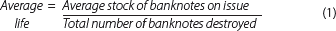 Equation: The average life of a banknote equals the average stock of banknotes on issue divided by the total number of banknotes destroyed.