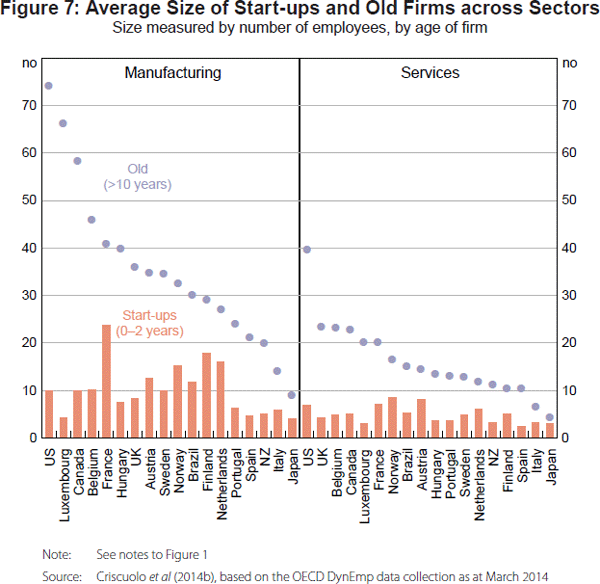 Figure 7: Average Size of Start-ups and Old Firms across Sectors